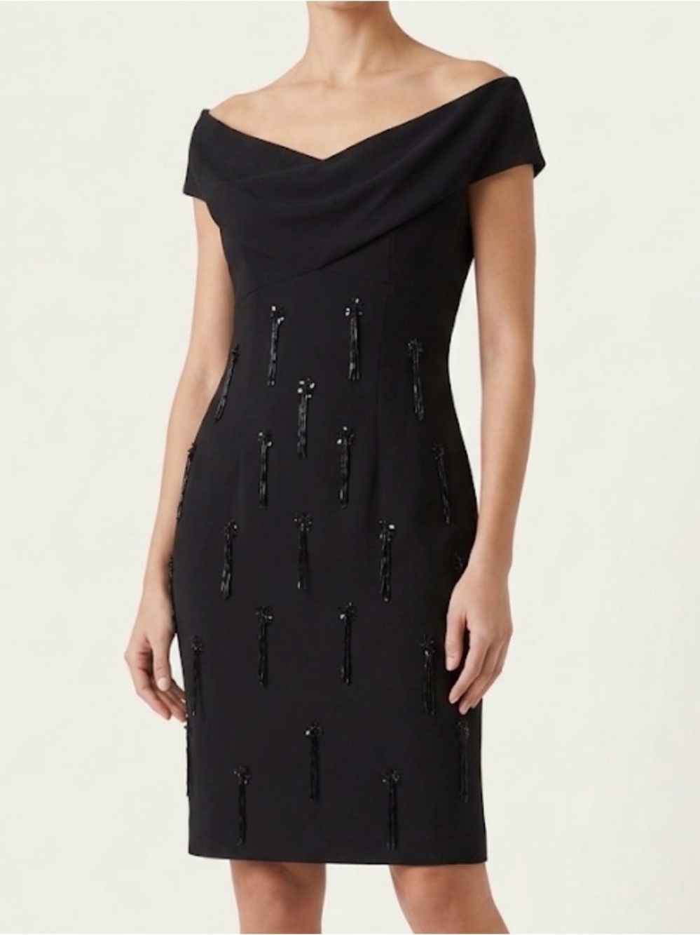 St. John Couture Black Dress 10 Hand Beaded Silk Lined Off Shoulder Cocktail - Picture 1 of 11